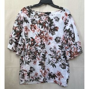 Lord & Taylor Womens 100% Linen Floral Tiered Sleeve Boxy Top XL Resort Beach